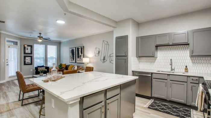 a kitchen with gray cabinets and stainless steel appliances at The  Franklin at Samuels Ave
