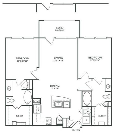 floor plan of a two bedroom apartment with two bathrooms at The  Franklin at Samuels Ave