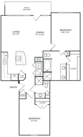 floor plan image of the two bedroom apartment at The  Franklin at Samuels Ave