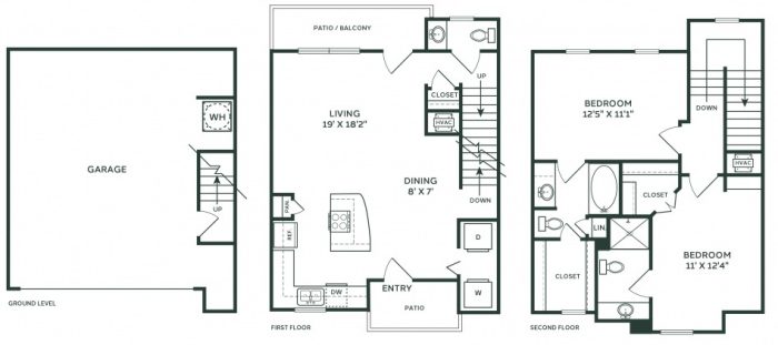 two floor plans with one bedroom and two bathrooms at The  Franklin at Samuels Ave