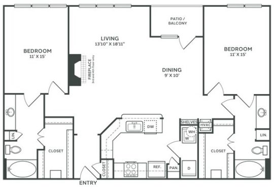 floor plan for a two bedroom apartment at The  Franklin at Samuels Ave