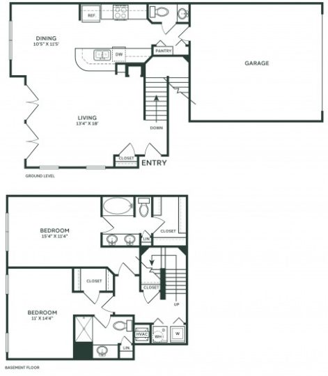 two bedroom floor plans with two bathrooms and a living room at The  Franklin at Samuels Ave
