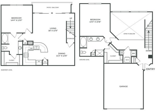 two bedroom floor plans with two bathrooms and a living room at The  Franklin at Samuels Ave